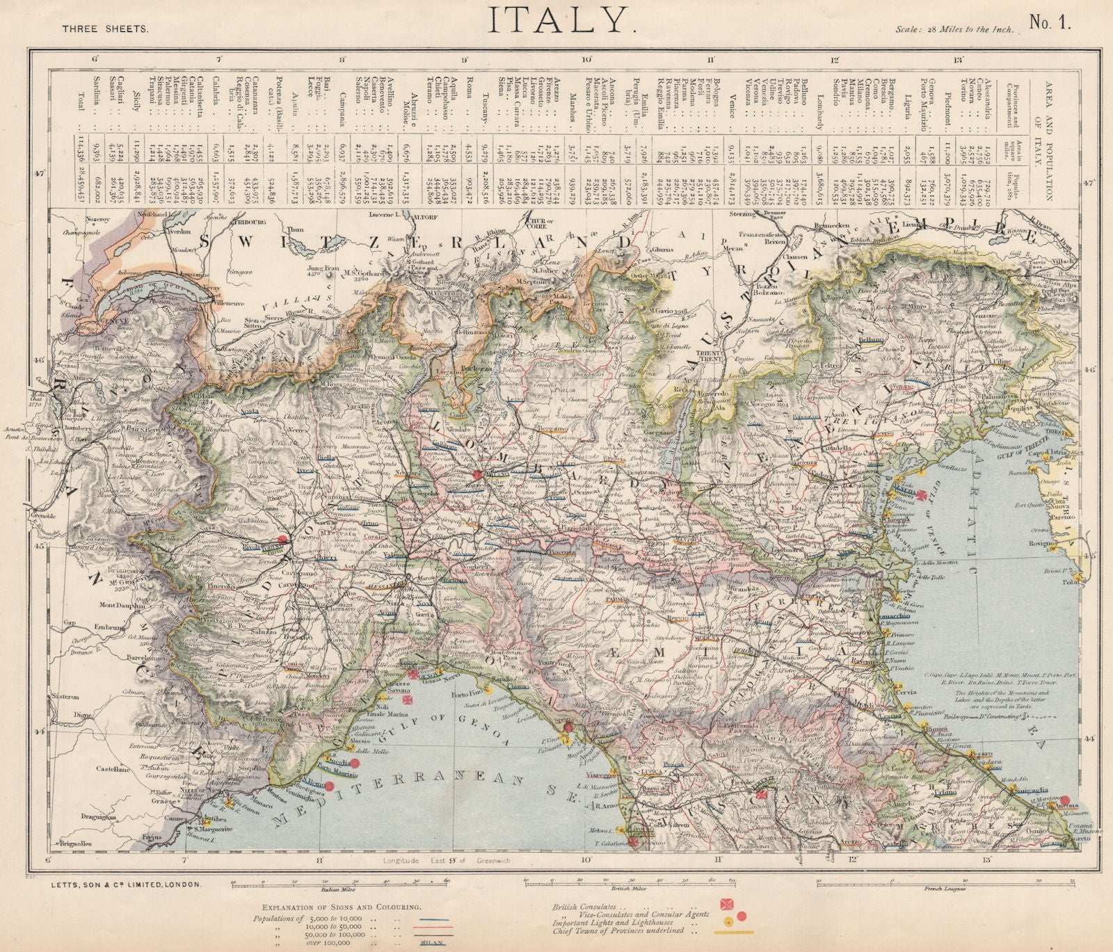 NORTHERN ITALY. Lombardy Piedmont British consulates Lighthouses. LETTS 1889 map